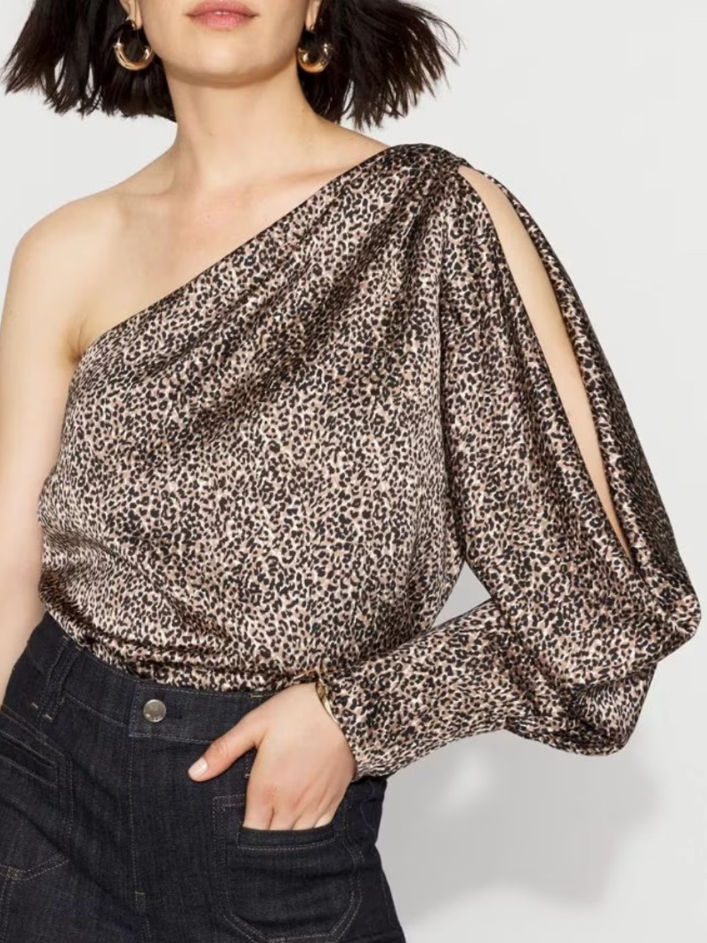 WHBM LEOPARD PRINT ONE-SHOULDER SATIN BLOUSE